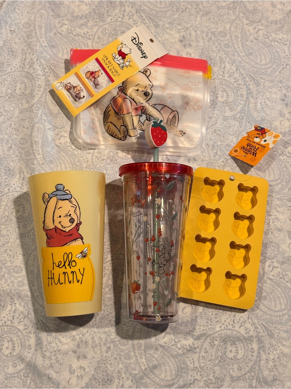 Winnie the Pooh Tumbler, Silicone Ice Mold, Travel Cup, and 2 Pack Snack Bags